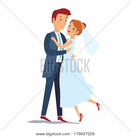 Just married happy couple bride and groom hugging each other vector illustration. Bride and Groom looking tenderly at each other on their wedding