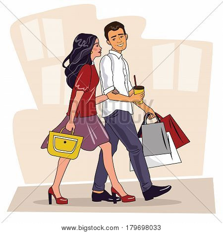 Happy family couple with shopping. Beautiful Man and woman with shopping bags walking on street. Big Sale. Shopping couple. Vector illustration of a flat design