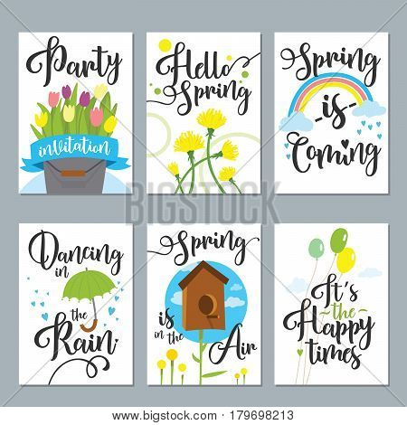 Spring card set with spring quotes, calligraphy, flowers, wreath. Perfect for greeting cards, sale badges, scrapbook, poster, cover, tag, invitation, vector illustration.
