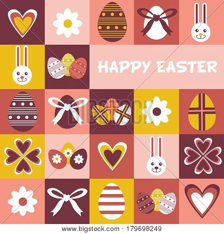 Colorful Happy Easter greeting card with flowers eggs and rabbit elements composition. Cute Happy Easter greeting card.