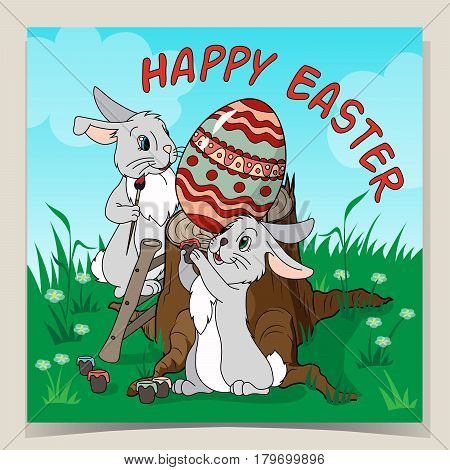 Colorful Happy Easter greeting card with bunny and eggs. Cute Happy Easter greeting card. Easter Bunny with Easter eggs.