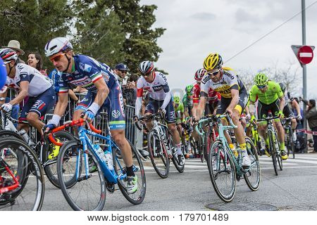 Barcelona Spain - March27 2016: The peloton riding during Volta Ciclista a Catalunya on the top of Montjuic in Bracelona Spain on March 27 2016.