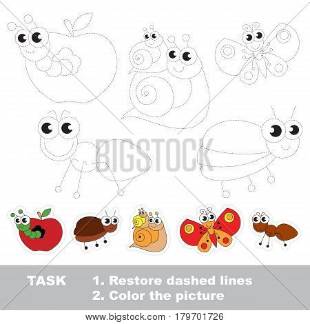 Cute insects set, the pest apple worm and bug, the snail and her baby, the butterfly and ant. Dot to dot educational game for kids, insect set to be traced.