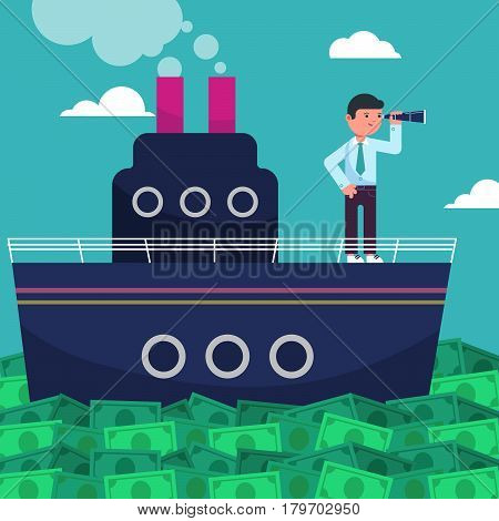 Happy super rich successful businessman sails on a ship by sea from huge green money bills