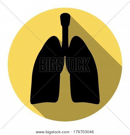 Human organs Lungs sign. Vector. Flat black icon with flat shadow on royal yellow circle with white background. Isolated.