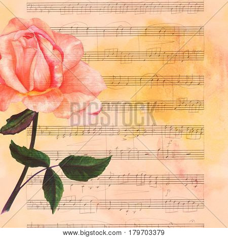 A watercolor drawing of a tender pink rose flower, hand painted in the style of vintage botanical art on toned paper, with faded sheet music and a place for text