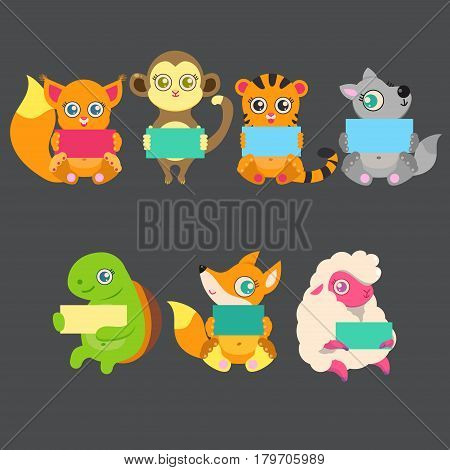 Animals hold blank signs. Sheep, monkey, tiger, wolf, turtle, Fox, squirrel.