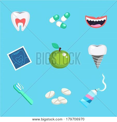 Dental care symbols. Teeth dental care mouth health set with inspection dentist treatment. Dentist with different dental equipment isolated. Profession background vector illustration