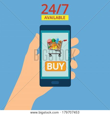 Hand holding smartphone with basket on the screen. Purchases are available 24 hours. Order food online. Flat vector illustration.