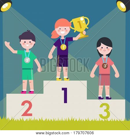 Sport kids on pedestal with trophy cup. Vector illustrationChildren on victory podium with medal.