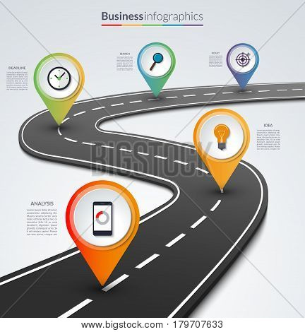 Road map infographic template with 5 colorful pin pointers on the way.