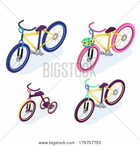 Isometric People. Isometric Bicycle isolated. Family Cyclists group riding bicycle. Cyclist icon. 3D Flat isometric people set cyclist bicycle icons. Fitness workout on bicycle vector illustration
