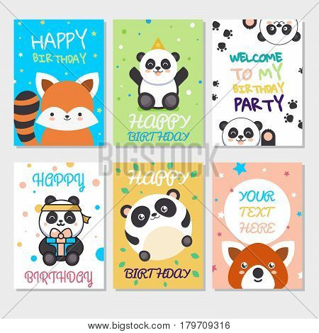 Set of cute animals poster. Cute Happy birthday greeting card for child fun cartoon style There are birthday gifts funny animals. Vector Illustration