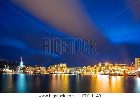 Tromso Bay and Cityscape at dusk Troms Norway