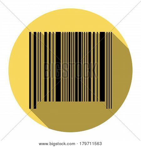 Bar code sign. Vector. Flat black icon with flat shadow on royal yellow circle with white background. Isolated.