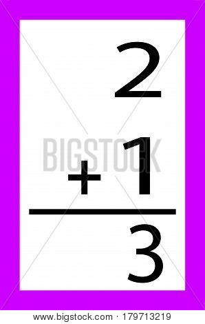 Two plus one addition flash card illustration for childrens education and learning