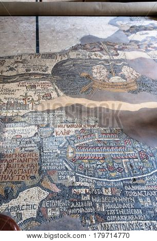 Ancient Madaba Mosaic Map On Pavement Of Church
