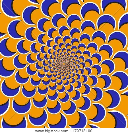 Optical motion illusion background. Purple shapes fly apart circularly from the center on orange background.