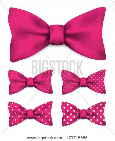 Pink bow tie with white dots realistic vector illustration set isolated on white background