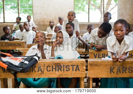 Kenya. Mombasa. January 25, 2012 African children in school at the desks in the classroom.