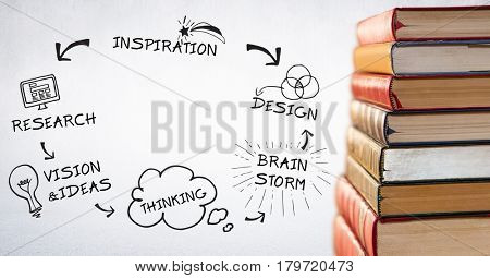 Digital composite of Pile of books with black design doodles against white background