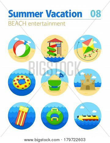 Beach entertainment vector icon set. Summer time. Vacation