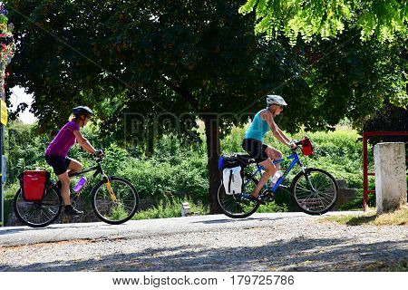 Neuf Brisach France - july 23 2016 : cyclist on the fortification in summer