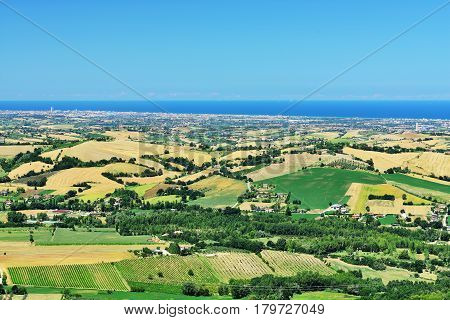 Countryside in Montefiore Conca view to Rimini and Adriatic Sea (near Monte Titano and San Marino) Emilia-Romagna Italy.