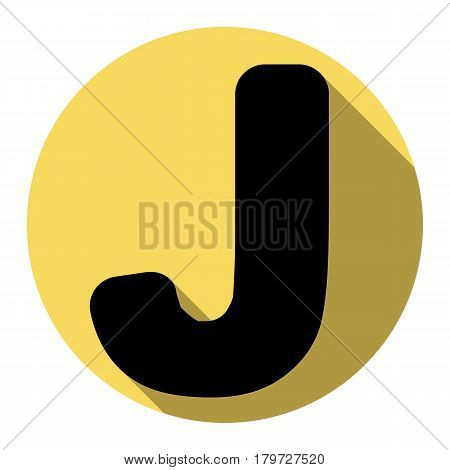 Letter J sign design template element. Vector. Flat black icon with flat shadow on royal yellow circle with white background. Isolated.