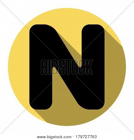 Letter N sign design template element. Vector. Flat black icon with flat shadow on royal yellow circle with white background. Isolated.