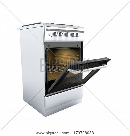 Open Gas Stove 3D Render On White Background No Shadow