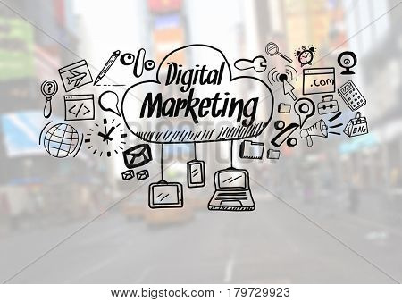Digital composite of Digital Marketing text with drawings graphics