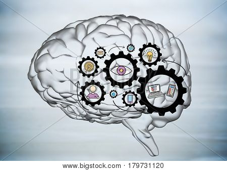 Digital composite of Transparent brain with black gear graphics against blurry grey wood panel