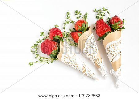 Elegant cones with strawberries and thyme. Original gift for birthday anniversary Valentine's Day Mother's Day