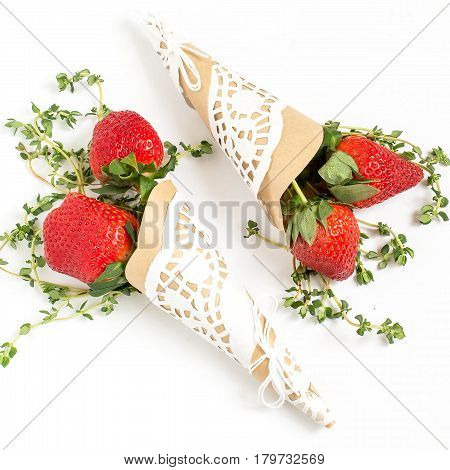 Three original cones with strawberries and thyme. Elegant gift for Mother's Day Valentine's Day birthday anniversary. Square image