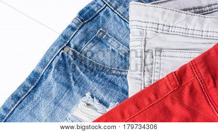 Variety colors of denim or jeans isolated on white background