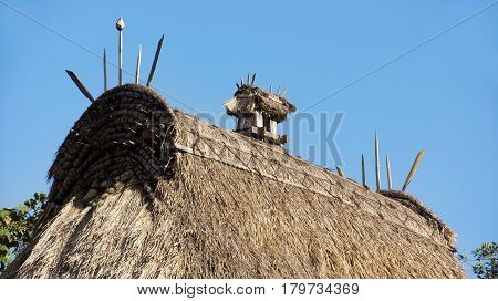 Rooftop detail Bena traditional village with grass huts of Ngada people in Flores near Bajawa Indonesia.