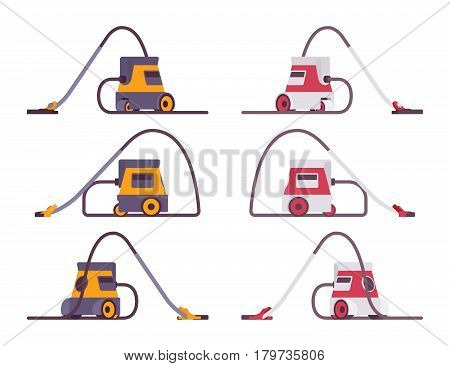Set of modern vacuum cleaner, portable sweeper device with high suction power and a telescopic tube for home use, floor and carpet care, isolated on white background, different positions