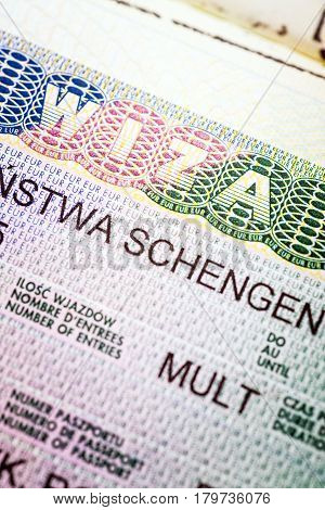 Fragment Of European Multi Schengen Visa In Passport. Closeup View