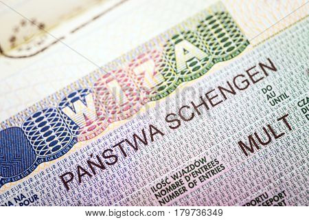 Fragment Of European Multi Schengen Visa In Passport. Closeup View