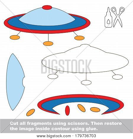 Use scissors and glue and restore the picture inside the contour. Easy educational paper game for kids. Simple kid application with Flying UFO Sauser