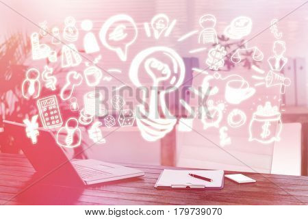 Composite image of different computer icons against composite image of an office 3d