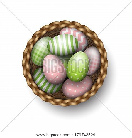 Basket with painted green and pink easter eggs on white background, vector illustration, eps 10 with transparency
