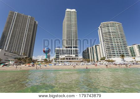 HALLANDALE BEACH USA - MAR 11 2017: Waterfront buildings in the city of Hallandale Beach. Florida United States