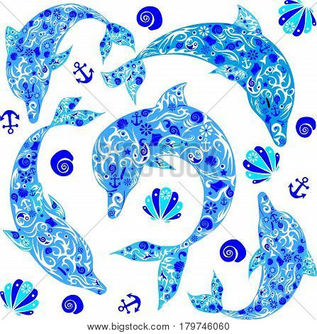 The dolphin with the drawing, a mammal floats down, a marine animal, a vector illustration, fish with a pattern, wild fauna, the inhabitant of the ocean, a seashell and flowers, a tattoo on a body,