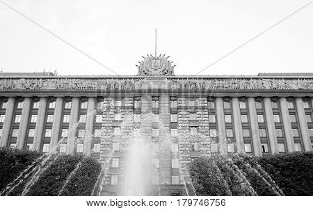House of Soviets - the Neoclassicism building was built in 1936-41. Located on Moscow Square in St. Petersburg Russia. Black and white.