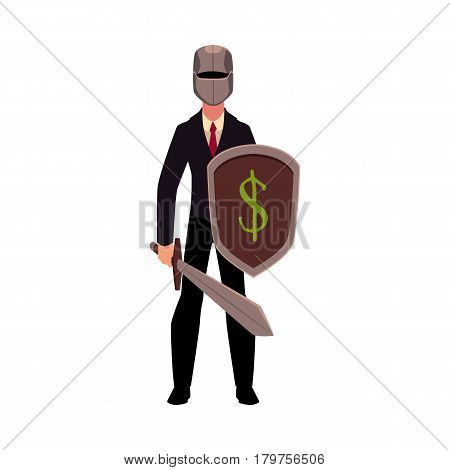 Businessman as a knight in metal helmet holding sword and shield, cartoon vector illustration isolated on white background. Modern knight in business suit and helmet armed with sword and shield
