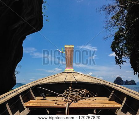 Long boat tranditional with rope and anchor of Krabi Thailand