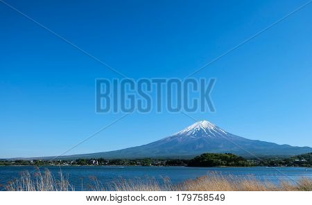 Fuji mountain and Kawaguchiko lake with blue sky Japan
