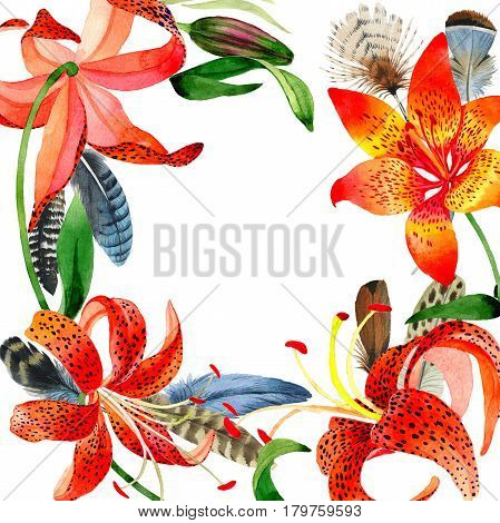 Wildflower leopard lily flower frame in a watercolor style isolated.  Aquarelle wild flower for background, texture, wrapper pattern, frame or border.